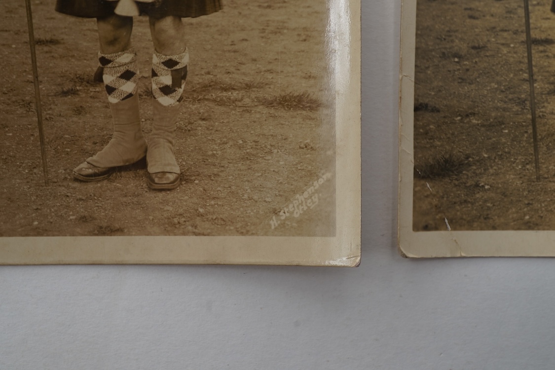A First World War medal trio awarded to 2140 SJT. G. Watson. Argyll and Sutherland Highlanders, together with the related cap badge and two photographs of Watson in Highlanders uniform and printed as postcards